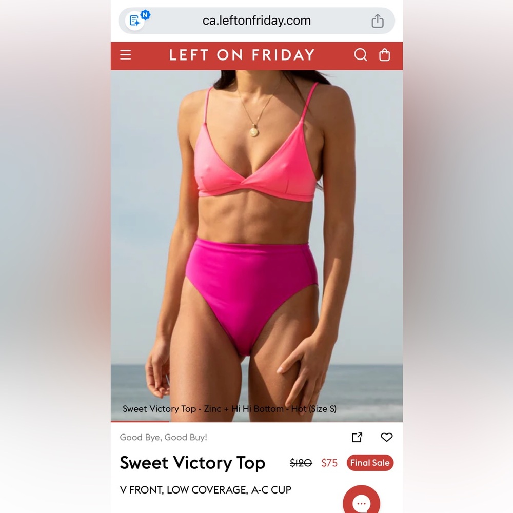 BNWT Left on Friday Sweet Victory bikini Top. Large. Zinc (hot pink)
